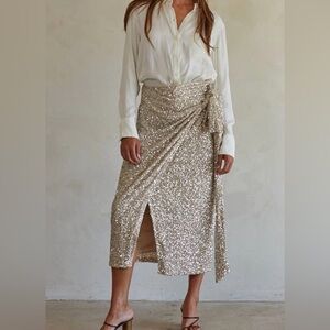 By Together Sequin Wrap Maxi Skirt in Champagne Gold